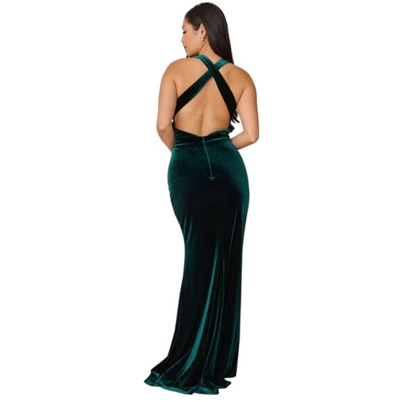 REVELRY Asher velvet classic emerald criss cross‎ open back maxi dress gown 6 - Picture 3 of 11